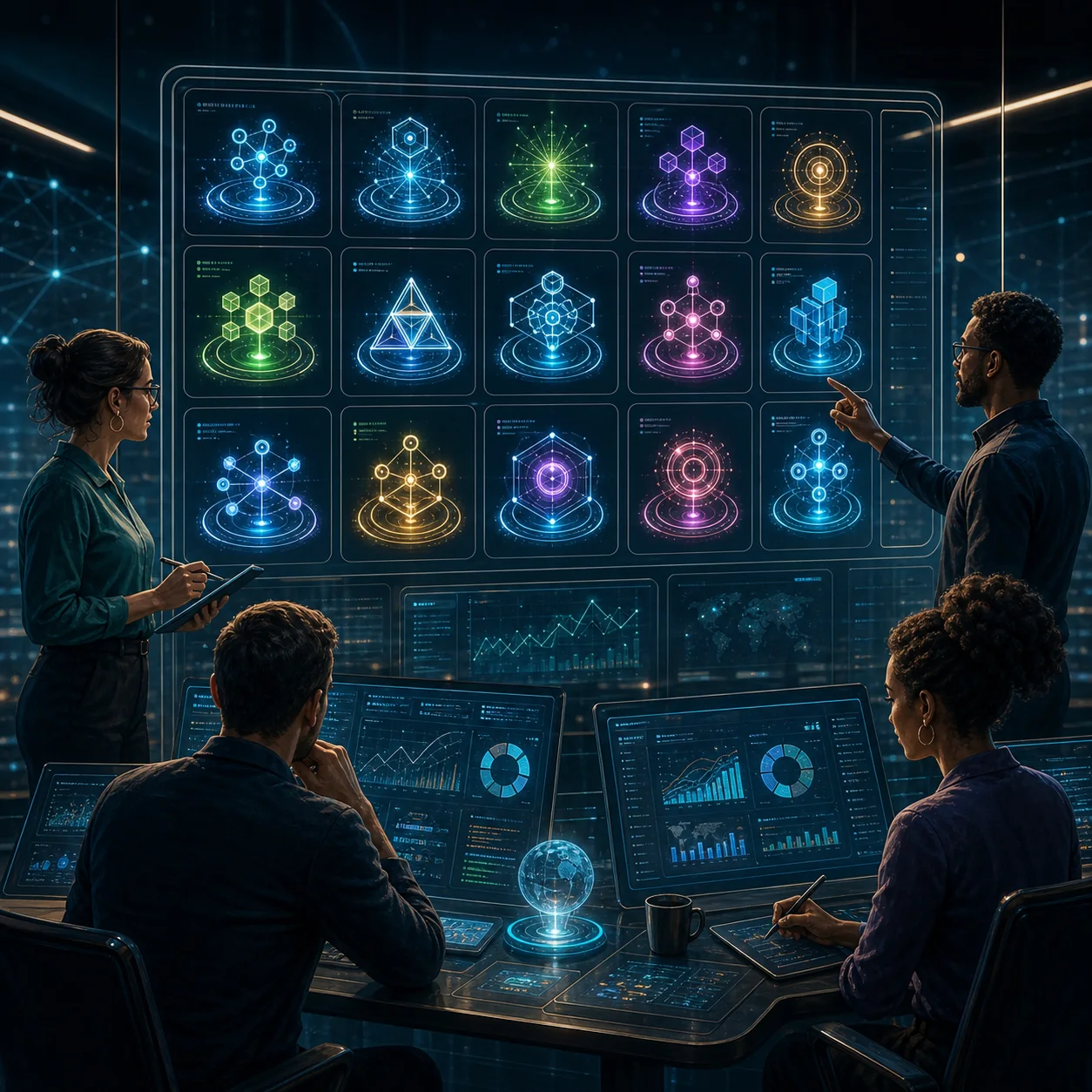 Editorial illustration of an AI agent role directory within a human-led community